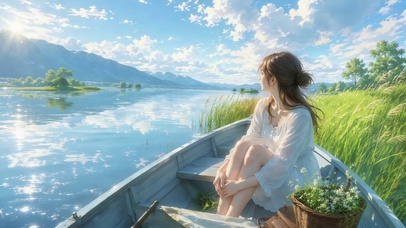 湖畔小舟清新治愈少女风景