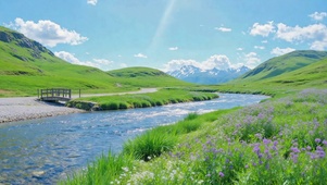 清新治愈远山河流草地风光
