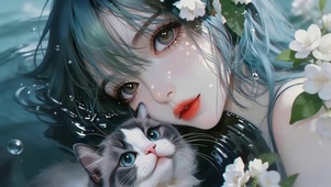 唯美水面女孩和猫咪