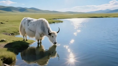 阳光草原湖泊牦牛