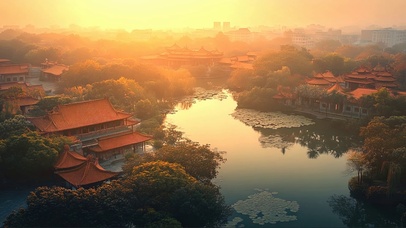 黄昏荷塘古建园林