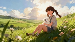 草地上的少女与小狗