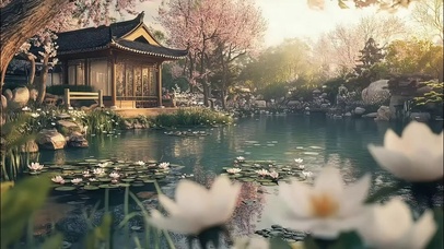 夏日白色荷花池塘亭子