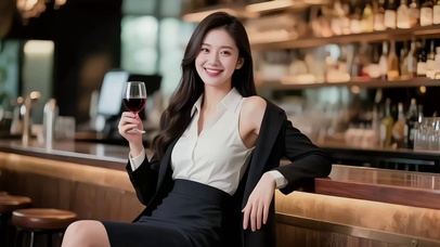 吧台前喝红酒的长发美女3