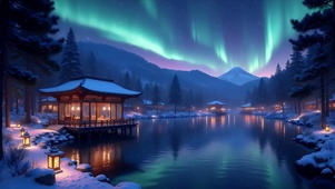 雪景极光小亭