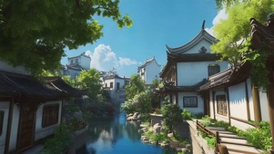 蓝天江南水乡夏日建筑