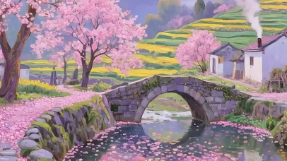 樱花树木河流带鱼屏