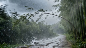 雨天竹林小路双屏