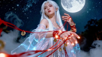 月光下炫彩轻纱红线控制者少女