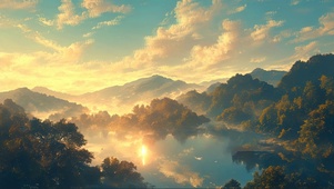 落日云雾高山湖泊倒影