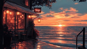 海岸酒馆黄昏晚霞