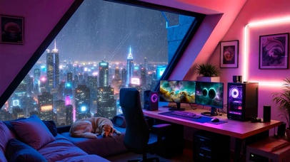 雨夜城市霓虹电脑房间