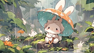 森林雨中小兔