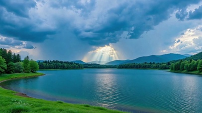 蓝湖丁达尔治愈自然风景