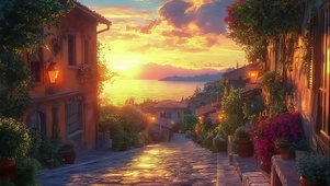 鲜花外国黄昏静谧小镇