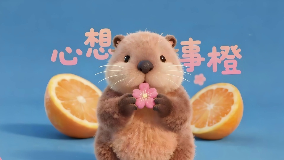 毛绒卡通小水獭捧着粉色樱花，两侧摆放对半切的橙子切片
