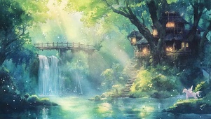 护眼绿景山中瀑布溪流