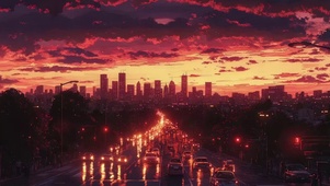 城市黄昏晚霞繁忙道路