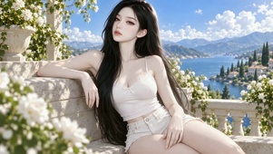 湖畔观景台清纯长发美女