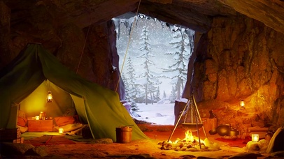 冬日雪天山洞篝火露营