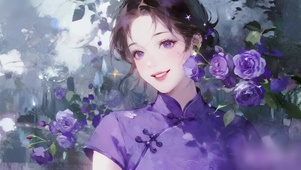 紫玫瑰园中的旗袍美女