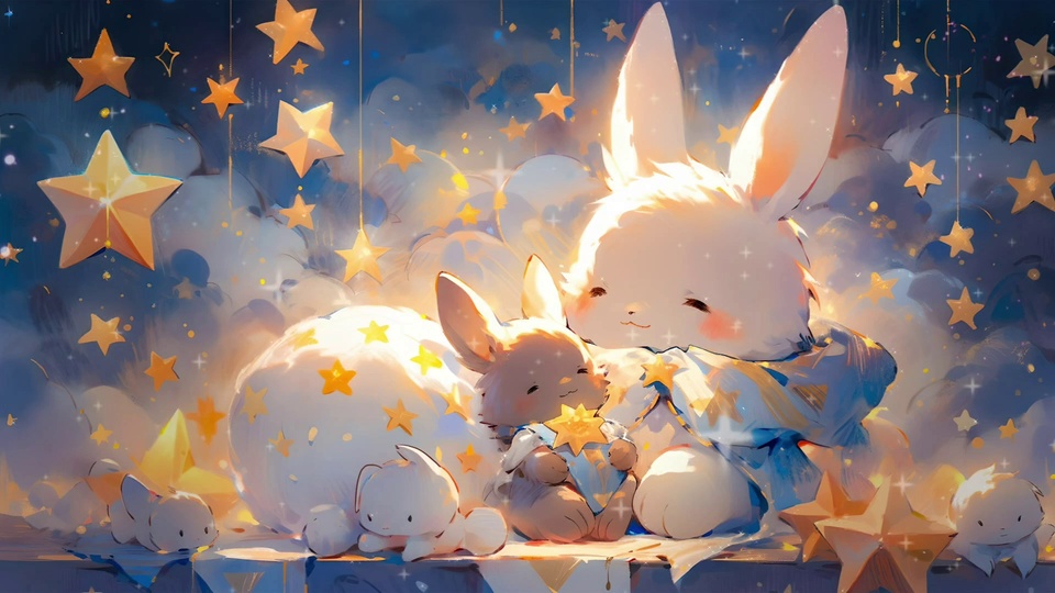 梦幻星空下的白兔插画
