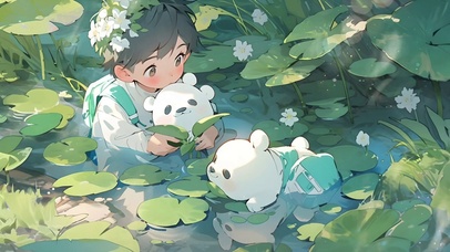 小女孩和宠物水中玩耍