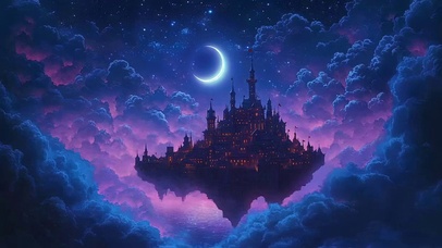 紫色夜幕云上弯月古堡