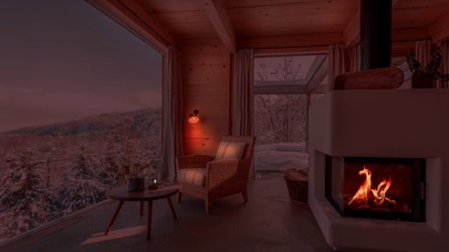 木屋壁炉篝火窗外雪景