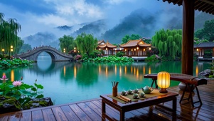 山水园林雨景