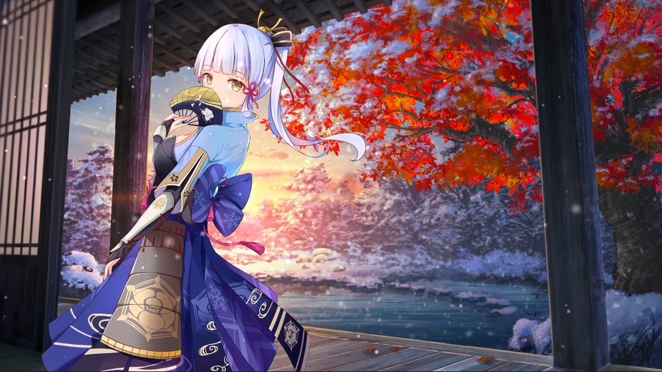 手持折扇的蓝紫和风少女站在日式廊下，漫天落雪覆盖日式庭院与红枫，黄昏暖光铺在覆雪的水面和远林上。