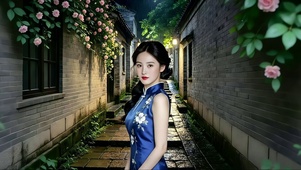 古道小巷中的旗袍美女