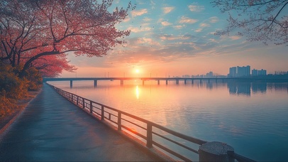落日城市樱花河畔