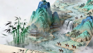 古风山水卷画带鱼屏双屏