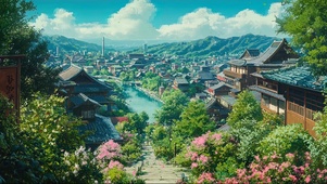 俯瞰夏日日式小镇