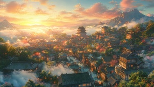 远眺古风山林小城夕阳