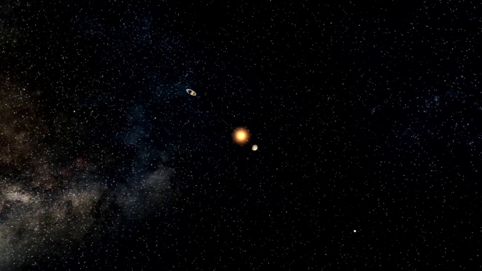 布满星点的深空宇宙，左侧弥散星云，分布发光恒星与环带天体