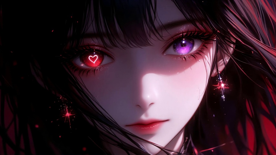 暗调二次元少女近景，红瞳爱心紫瞳异瞳，黑发星芒光点