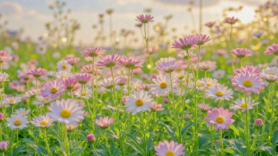 夕阳下的唯美雏菊花海
