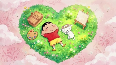 草地上打盹的小新和小白
