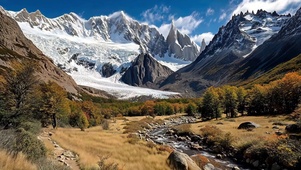 蓝天雪山山谷溪流