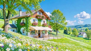 护眼蓝天下花田小屋