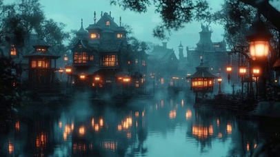 神秘傍晚湖畔小镇别墅