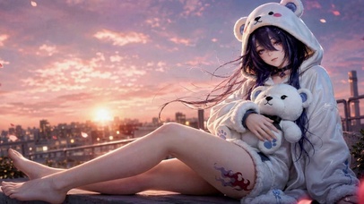 落日天台小熊紫发美少女