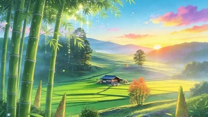 夕阳雨天竹林