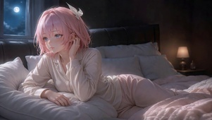 月夜卧室粉发温柔美少女