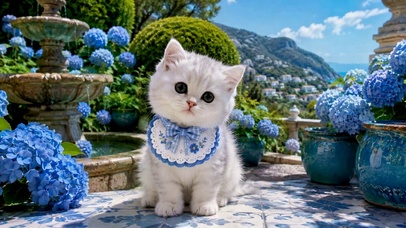 蓝色绣球花园可爱小奶猫