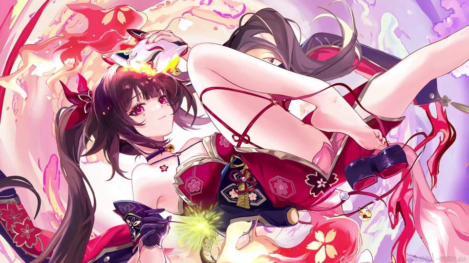 二次元风格双马尾和风少女，穿酒红花纹衣装，持发光火花杖，粉色花影环绕。