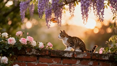 夕阳花墙萌猫戏蝶