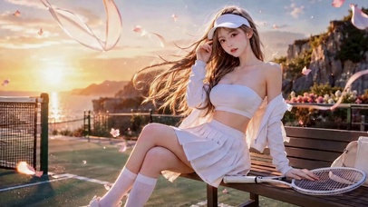 日落网球场清纯网球少女